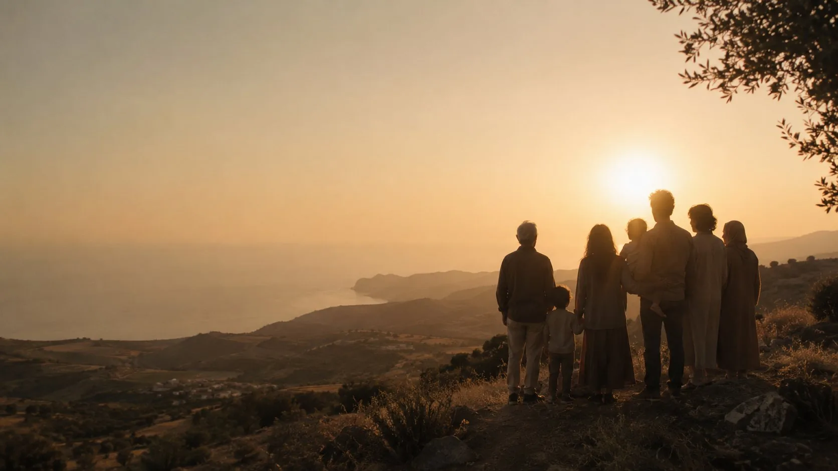 Famille de plusieurs générations réunie au coucher du soleil face à un paysage méditerranéen algérien, symbole de transmission et de prévoyance